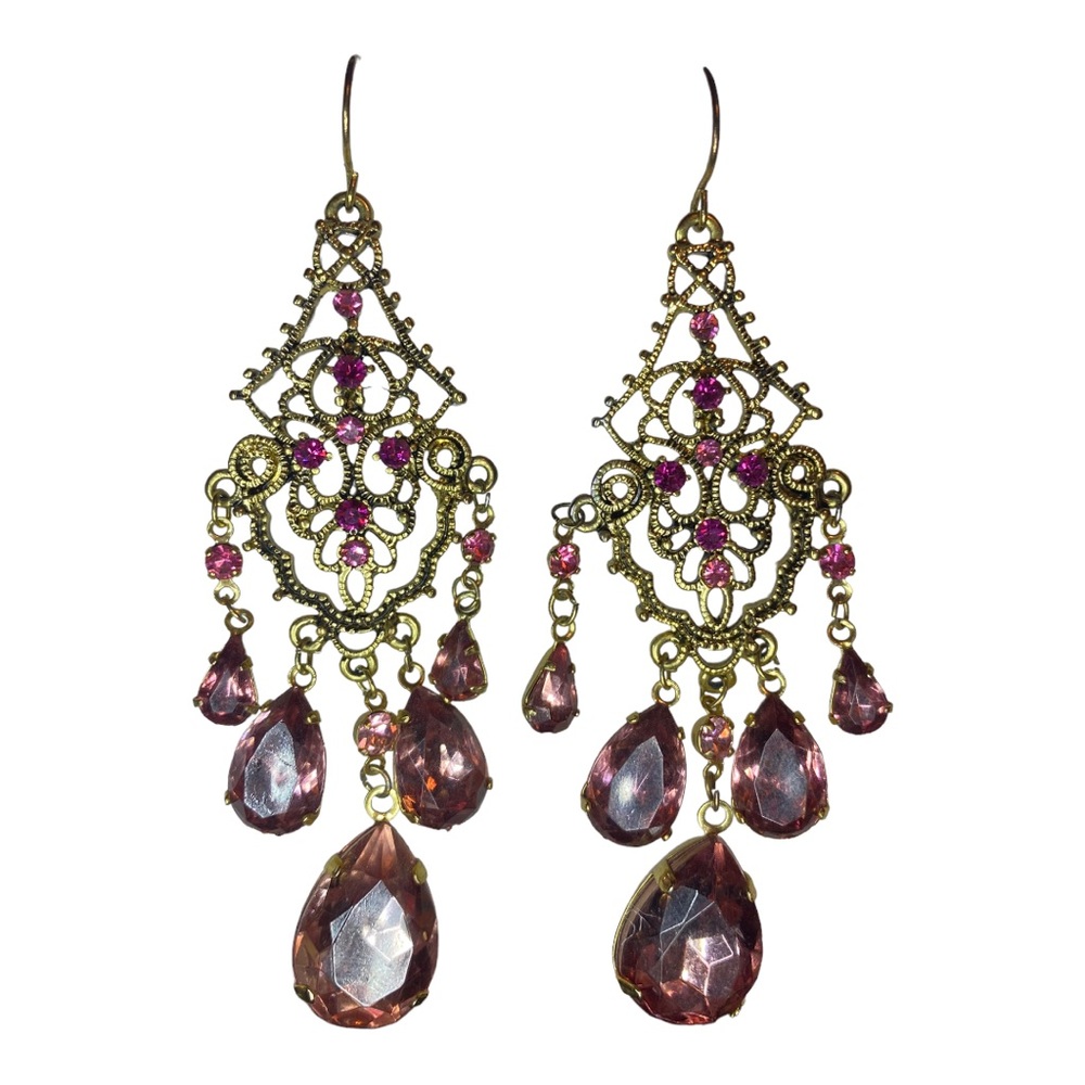 Gold Filigree Chandelier Earrings w/Pink Gems - Picture 4 of 5